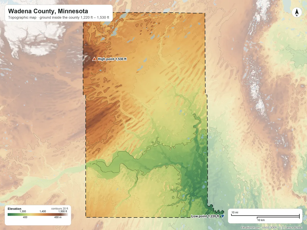Topographic elevation map of Wadena County, Minnesota, shaded from 1,220 ft on the southeast side to 1,530 ft on the northwest side