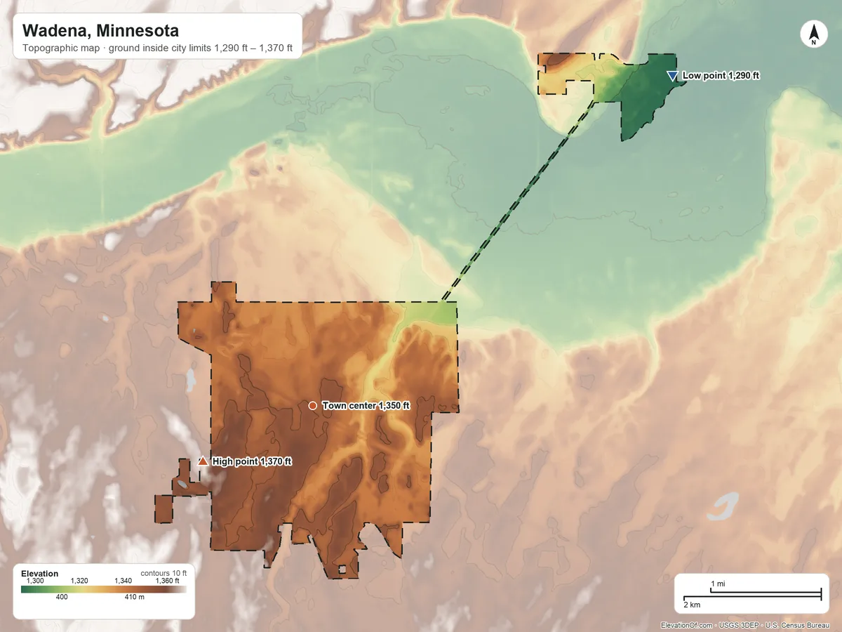 Topographic elevation map of Wadena, Minnesota, shaded from 1,290 ft on the northeast side to 1,370 ft on the southwest side