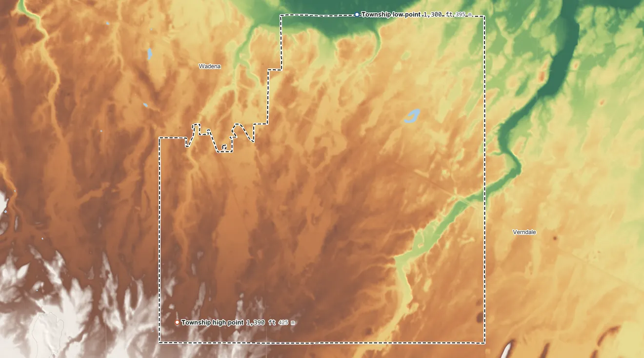 Topographic elevation map of Wadena Township, Minnesota, shaded from 1,300 ft on the northeast side to 1,390 ft on the southwest side