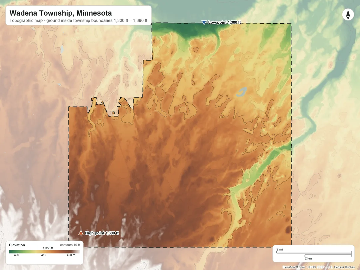 Topographic elevation map of Wadena Township, Minnesota, shaded from 1,300 ft on the northeast side to 1,390 ft on the southwest side