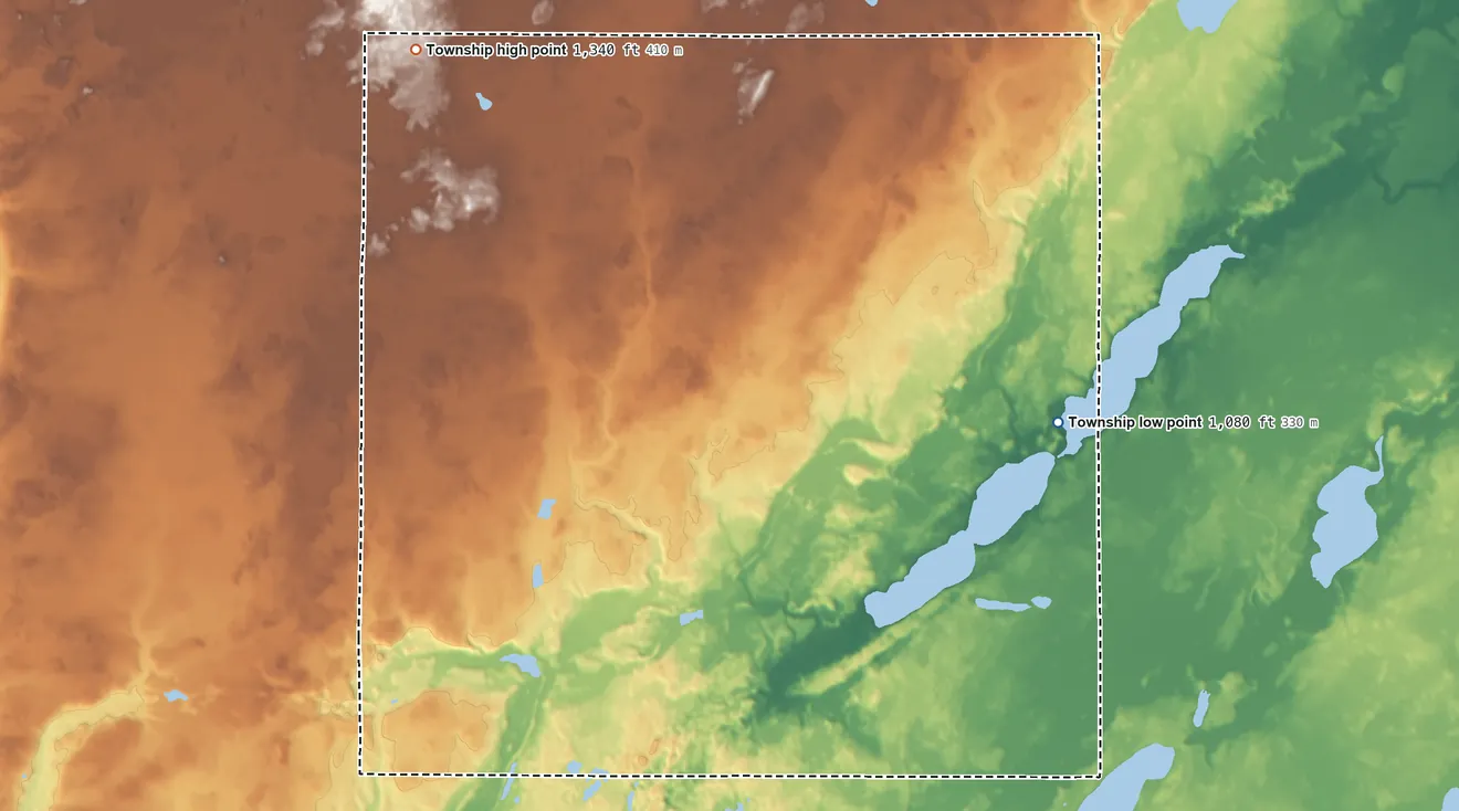 Topographic elevation map of Wagner Township, Minnesota, shaded from 1,080 ft on the east side to 1,340 ft on the northwest side