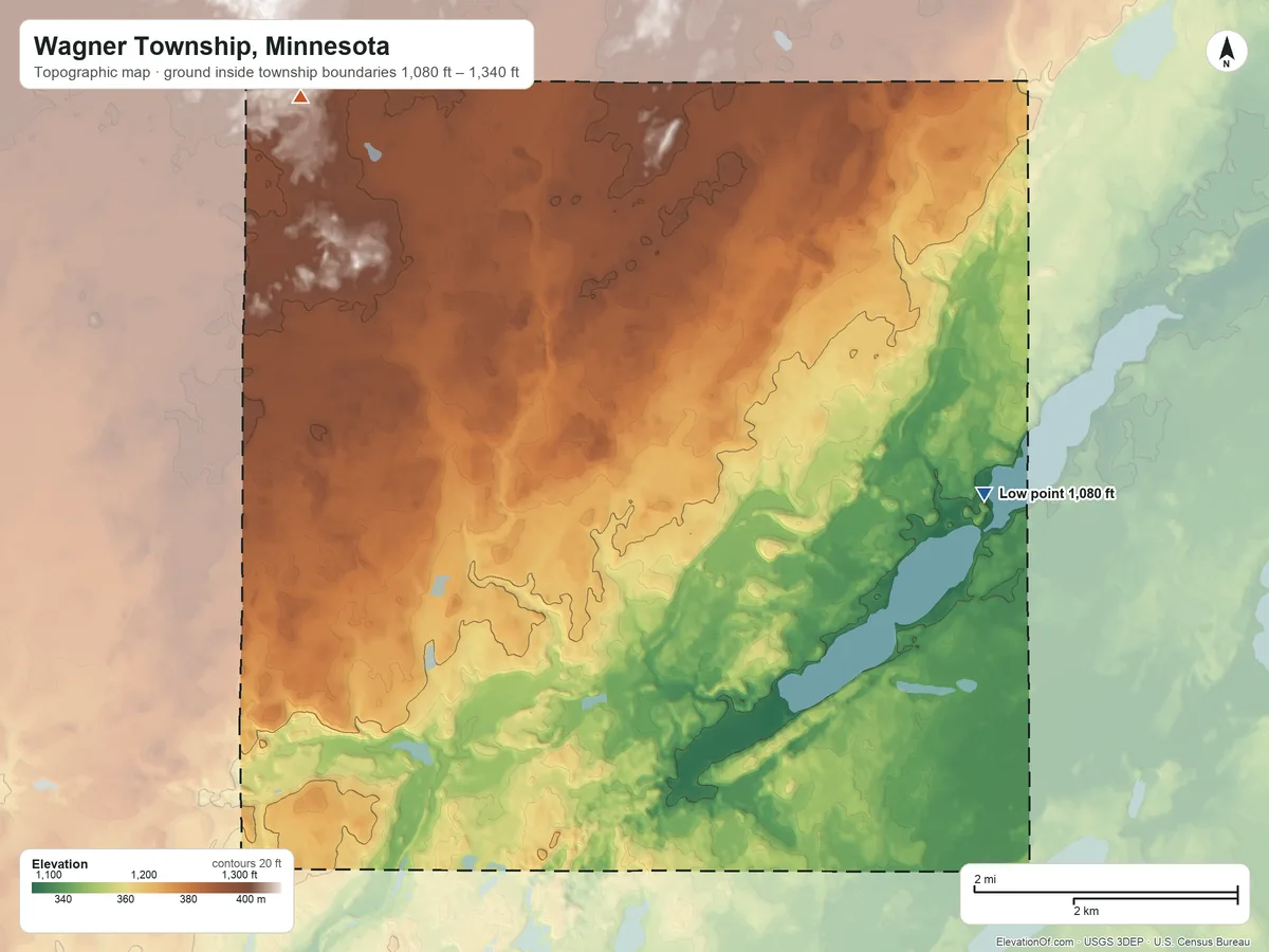 Topographic elevation map of Wagner Township, Minnesota, shaded from 1,080 ft on the east side to 1,340 ft on the northwest side