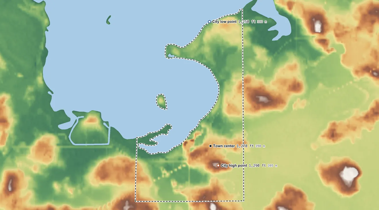 Topographic elevation map of Wahkon, Minnesota, shaded from 1,250 ft on the north side to 1,290 ft near the middle