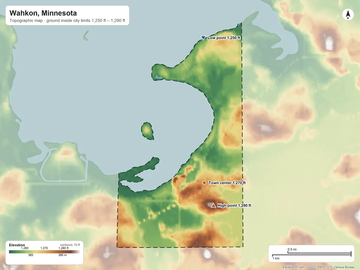 Topographic elevation map of Wahkon, Minnesota, shaded from 1,250 ft on the north side to 1,290 ft near the middle