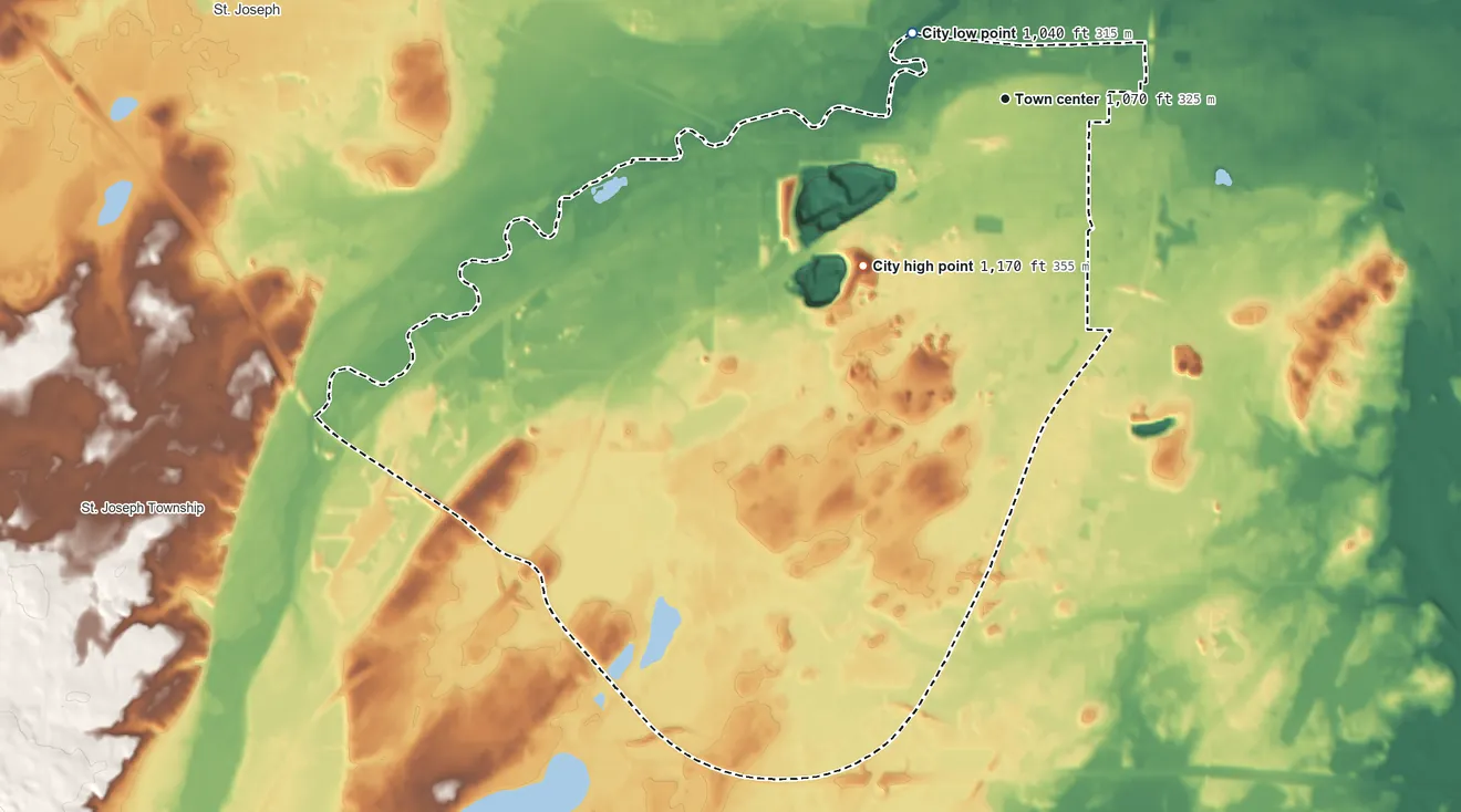 Topographic elevation map of Waite Park, Minnesota, shaded from 1,040 ft on the northwest side to 1,170 ft on the southwest side