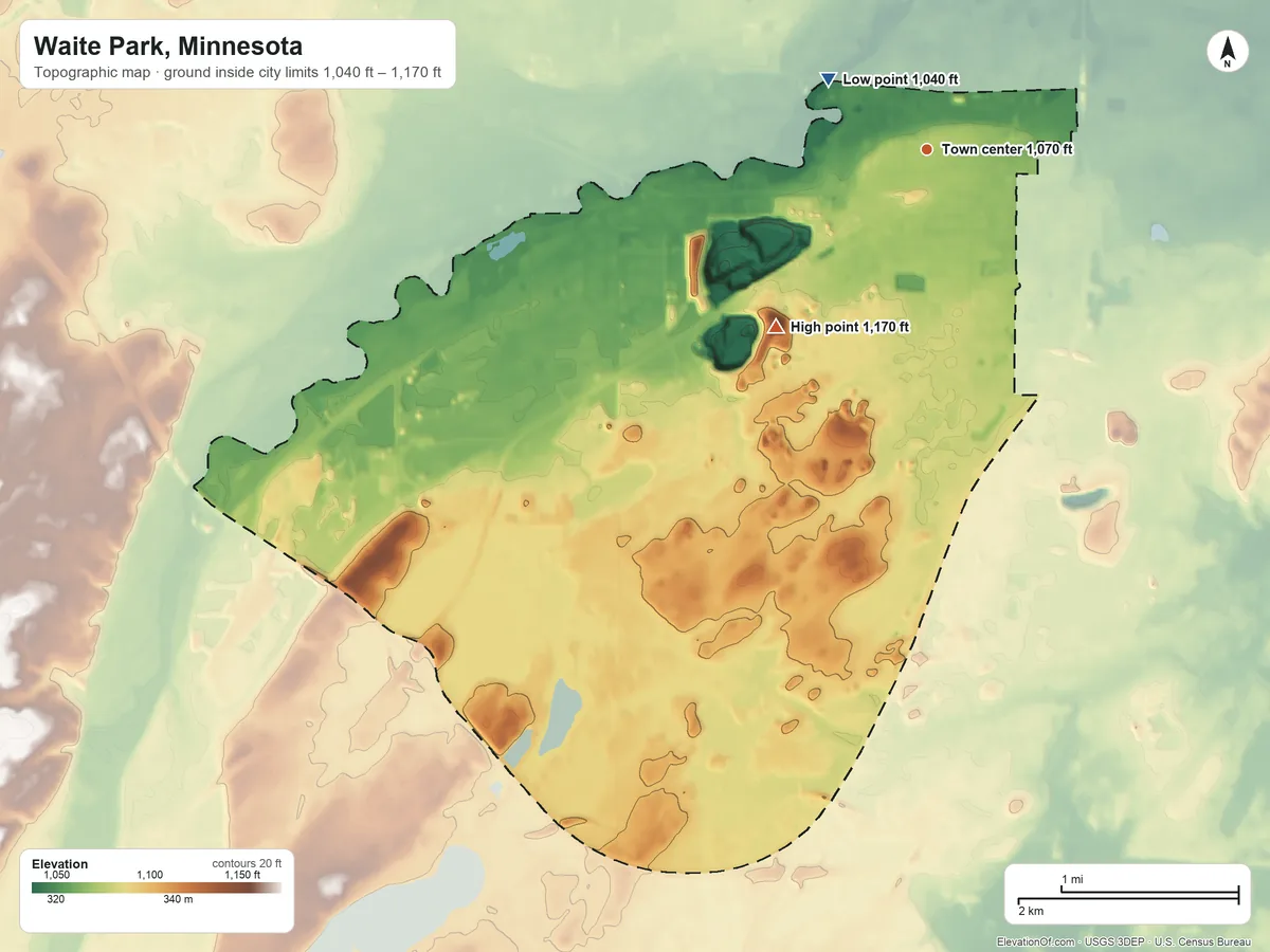 Topographic elevation map of Waite Park, Minnesota, shaded from 1,040 ft on the northwest side to 1,170 ft on the southwest side