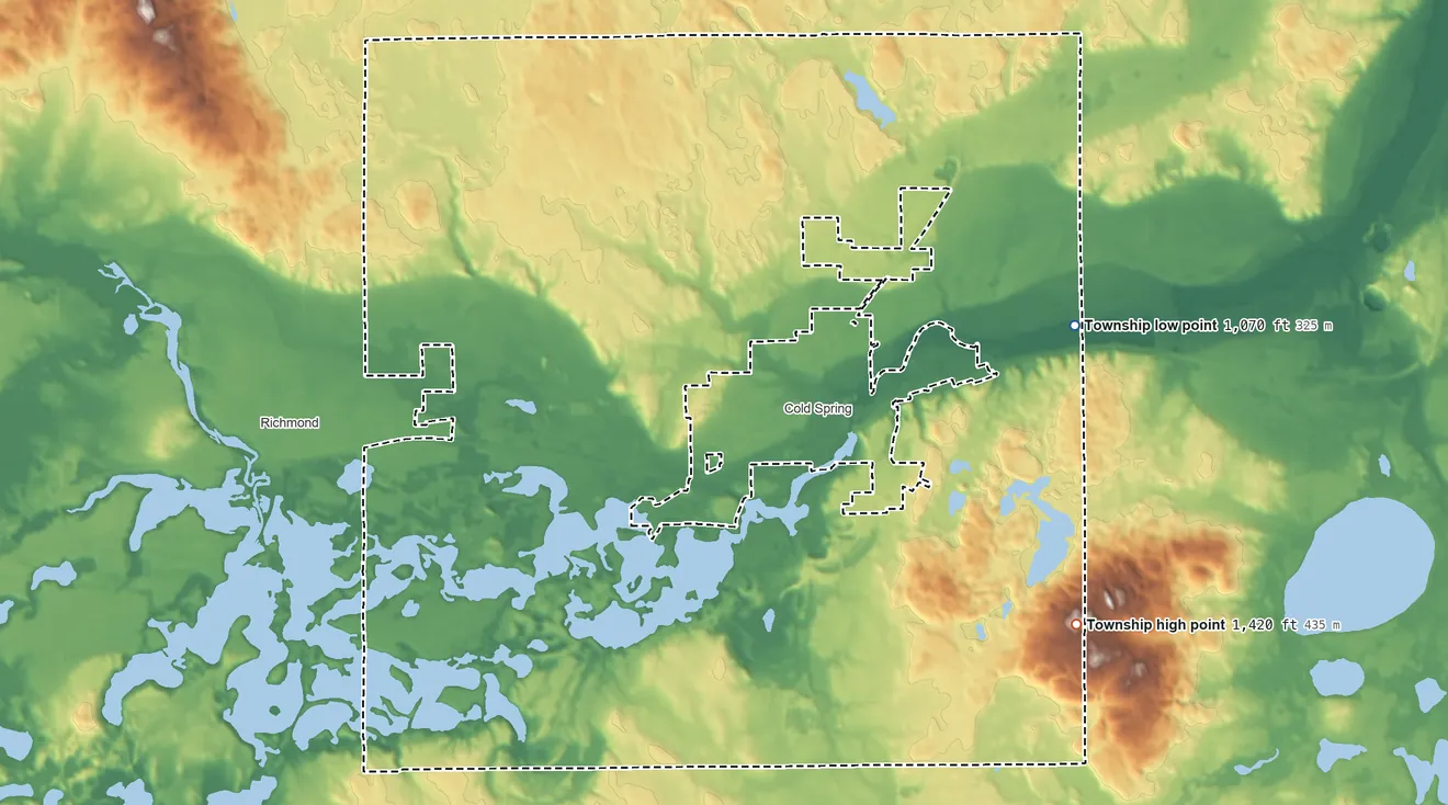 Topographic elevation map of Wakefield Township, Minnesota, shaded from 1,070 ft on the east side to 1,420 ft on the southeast side