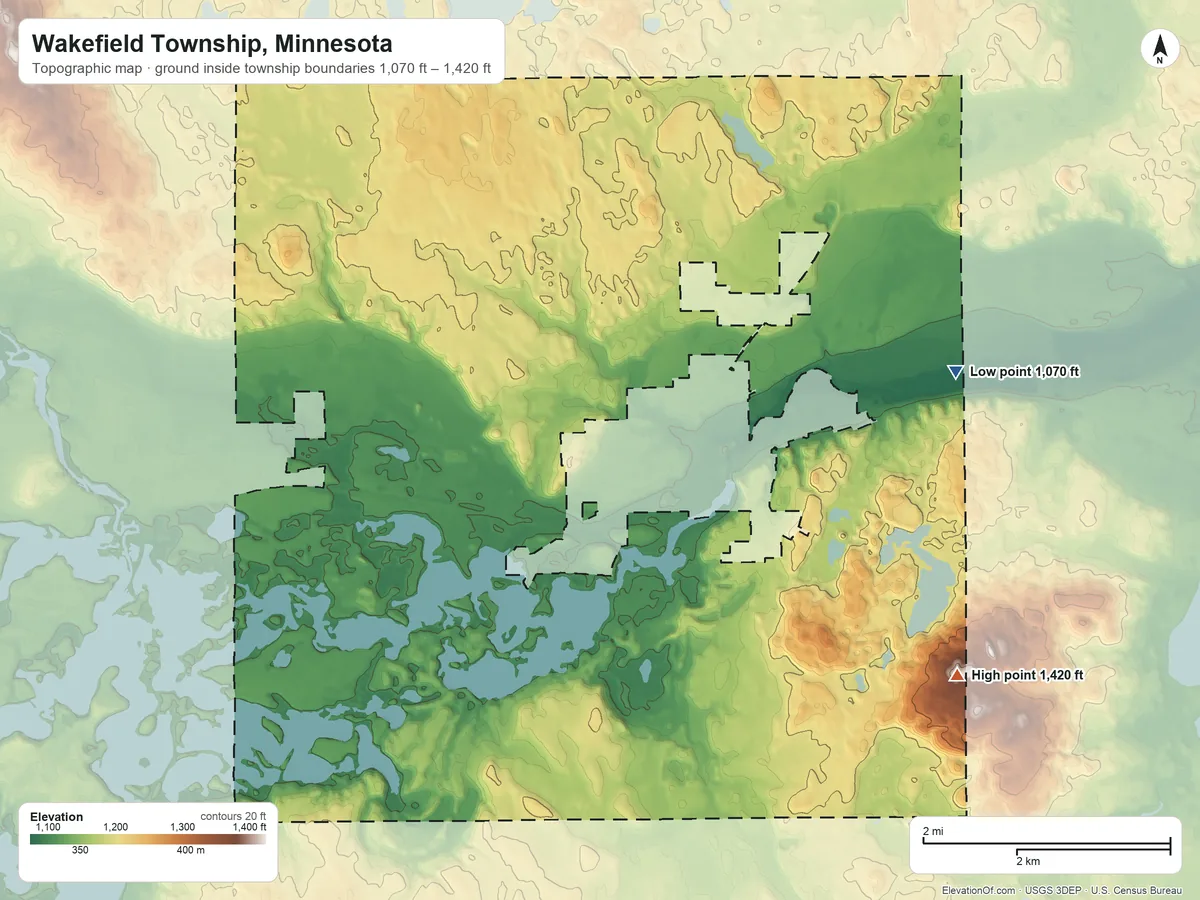 Topographic elevation map of Wakefield Township, Minnesota, shaded from 1,070 ft on the east side to 1,420 ft on the southeast side