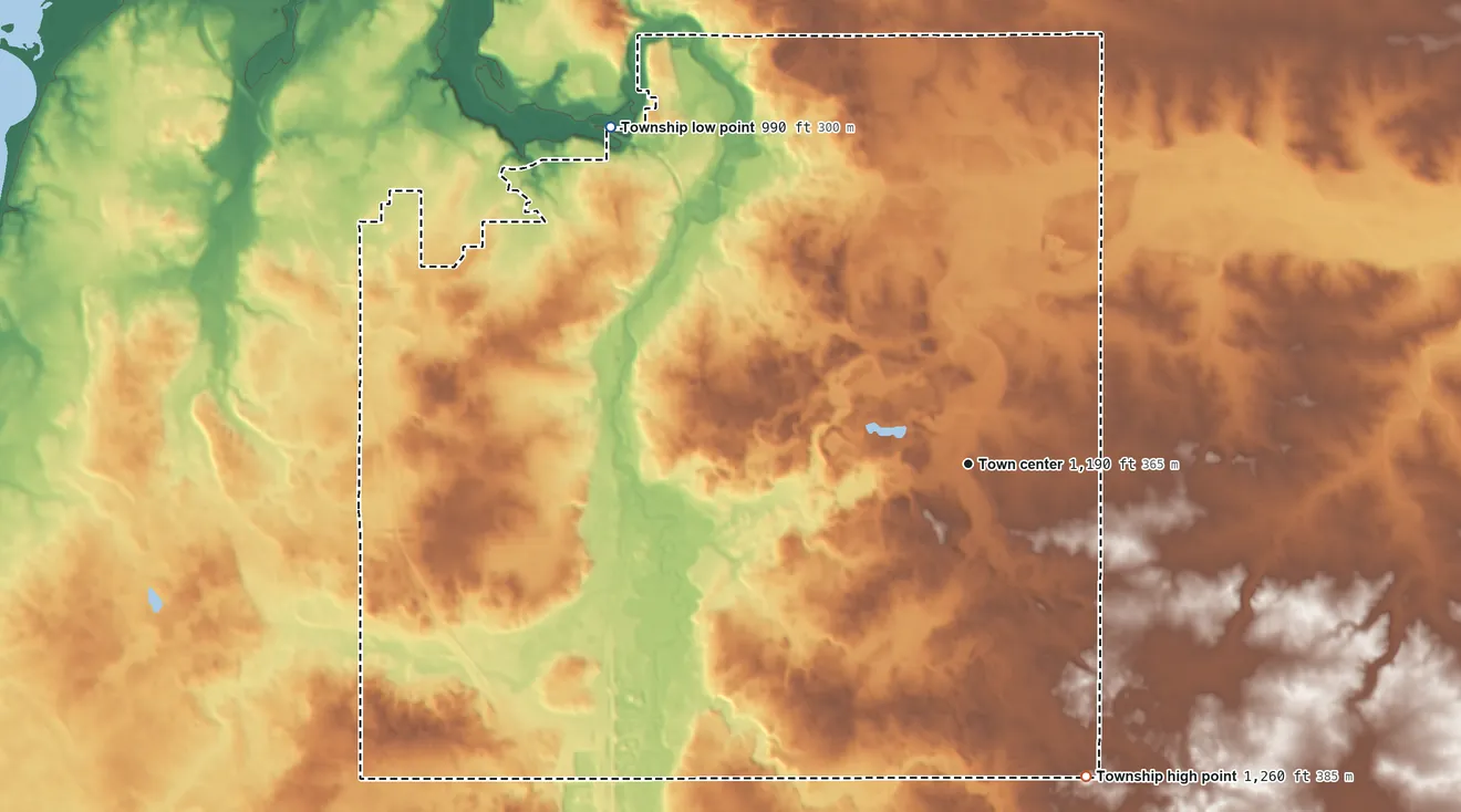 Topographic elevation map of Walcott Township, Minnesota, shaded from 990 ft on the northwest side to 1,260 ft on the south side