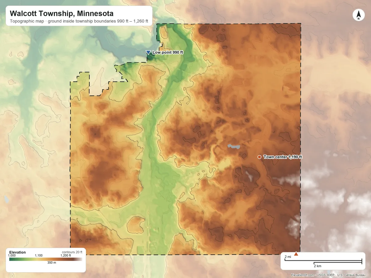 Topographic elevation map of Walcott Township, Minnesota, shaded from 990 ft on the northwest side to 1,260 ft on the south side