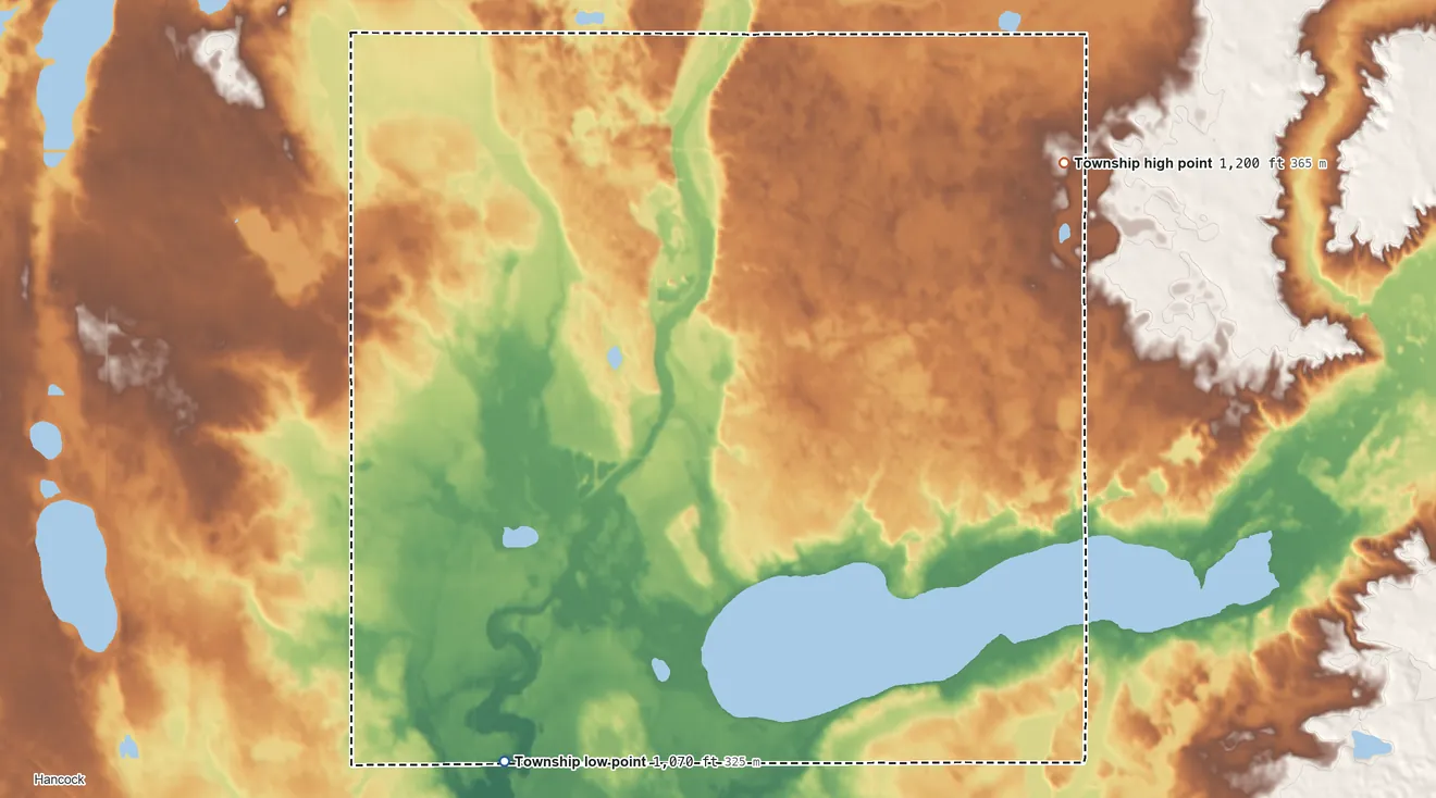 Topographic elevation map of Walden Township, Pope County, Minnesota, shaded from 1,070 ft on the southwest side to 1,200 ft on the northeast side