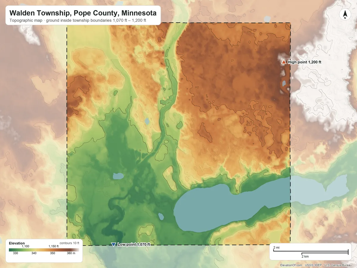 Topographic elevation map of Walden Township, Pope County, Minnesota, shaded from 1,070 ft on the southwest side to 1,200 ft on the northeast side