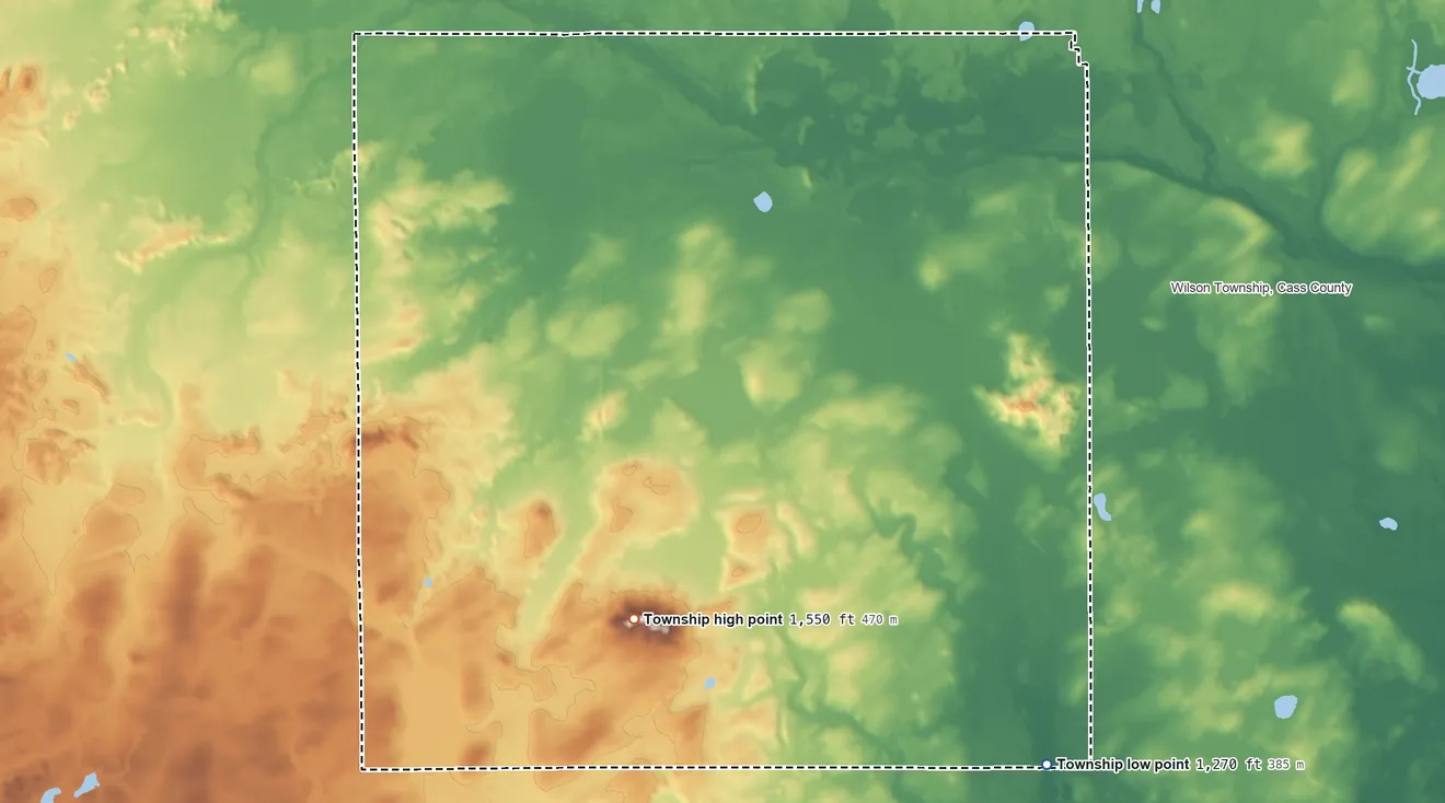 Topographic elevation map of Walden Township, Minnesota, shaded from 1,270 ft on the southeast side to 1,550 ft on Maple Hill