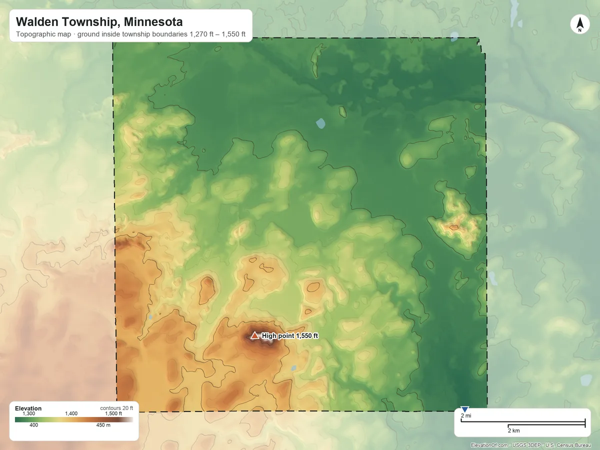 Topographic elevation map of Walden Township, Minnesota, shaded from 1,270 ft on the southeast side to 1,550 ft on Maple Hill