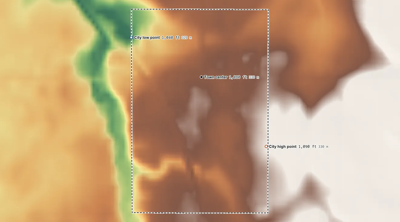 Topographic elevation map of Waldorf, Minnesota, shaded from 1,040 ft on the northwest side to 1,090 ft on the southeast side