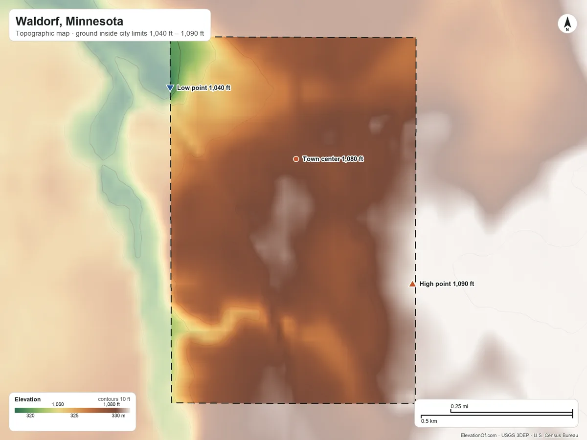 Topographic elevation map of Waldorf, Minnesota, shaded from 1,040 ft on the northwest side to 1,090 ft on the southeast side