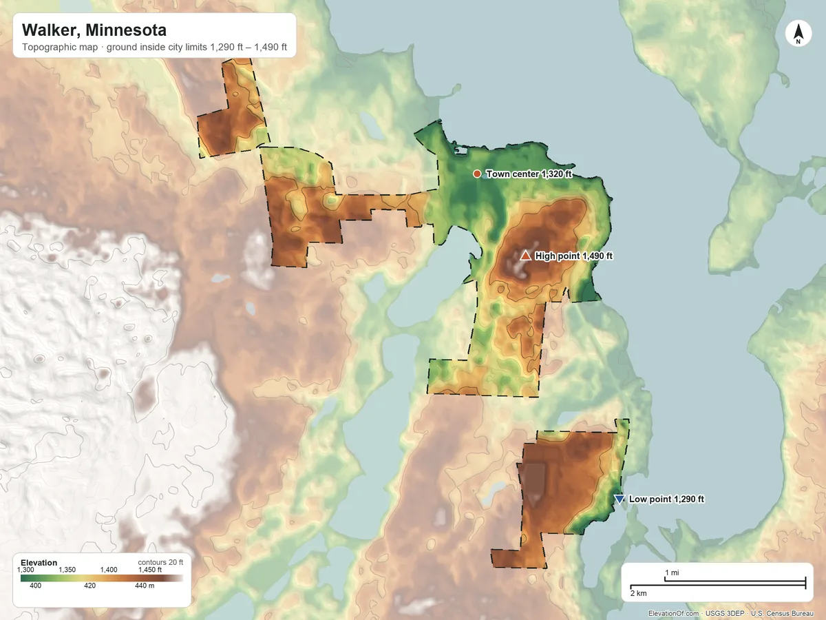 Topographic elevation map of Walker, Minnesota, shaded from 1,290 ft on the southeast side to 1,490 ft on the southeast side
