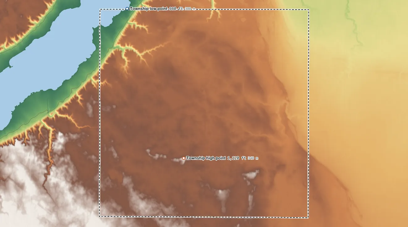 Topographic elevation map of Walls Township, Minnesota, shaded from 980 ft on the northwest side to 1,120 ft on the south side