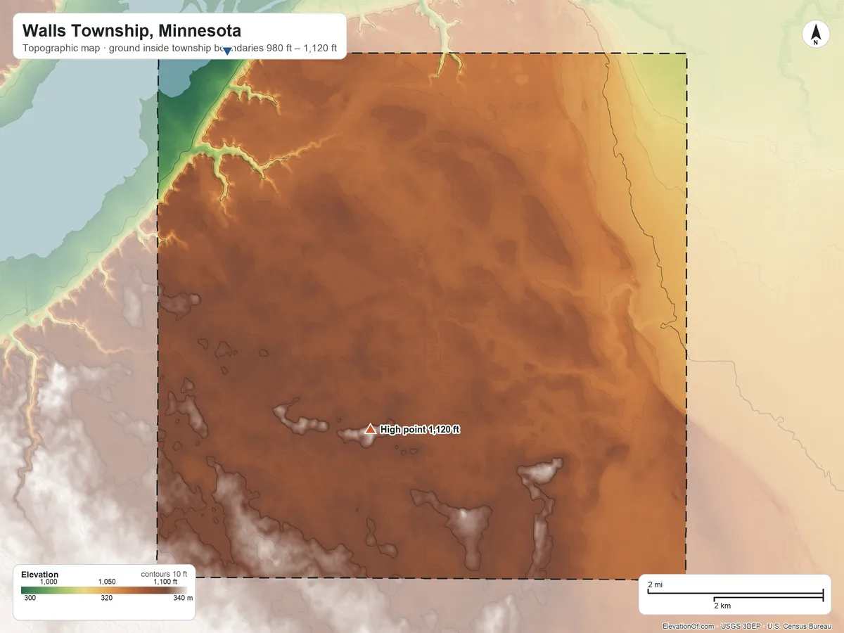 Topographic elevation map of Walls Township, Minnesota, shaded from 980 ft on the northwest side to 1,120 ft on the south side