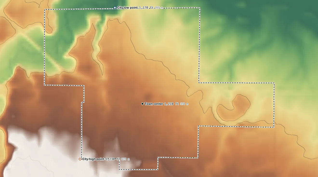 Topographic elevation map of Walnut Grove, Minnesota, shaded from 1,170 ft on the north side to 1,230 ft on the southwest side