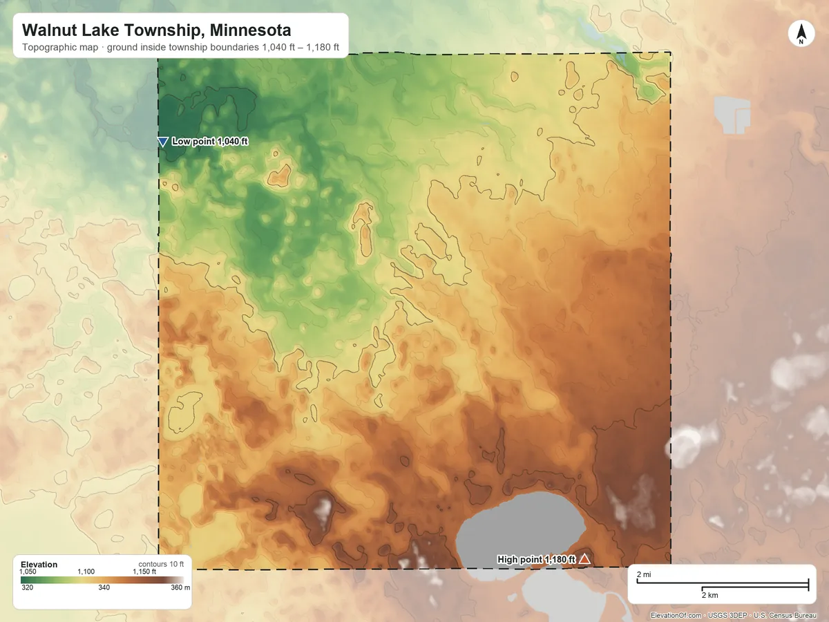 Topographic elevation map of Walnut Lake Township, Minnesota, shaded from 1,040 ft on the northwest side to 1,180 ft on the southeast side