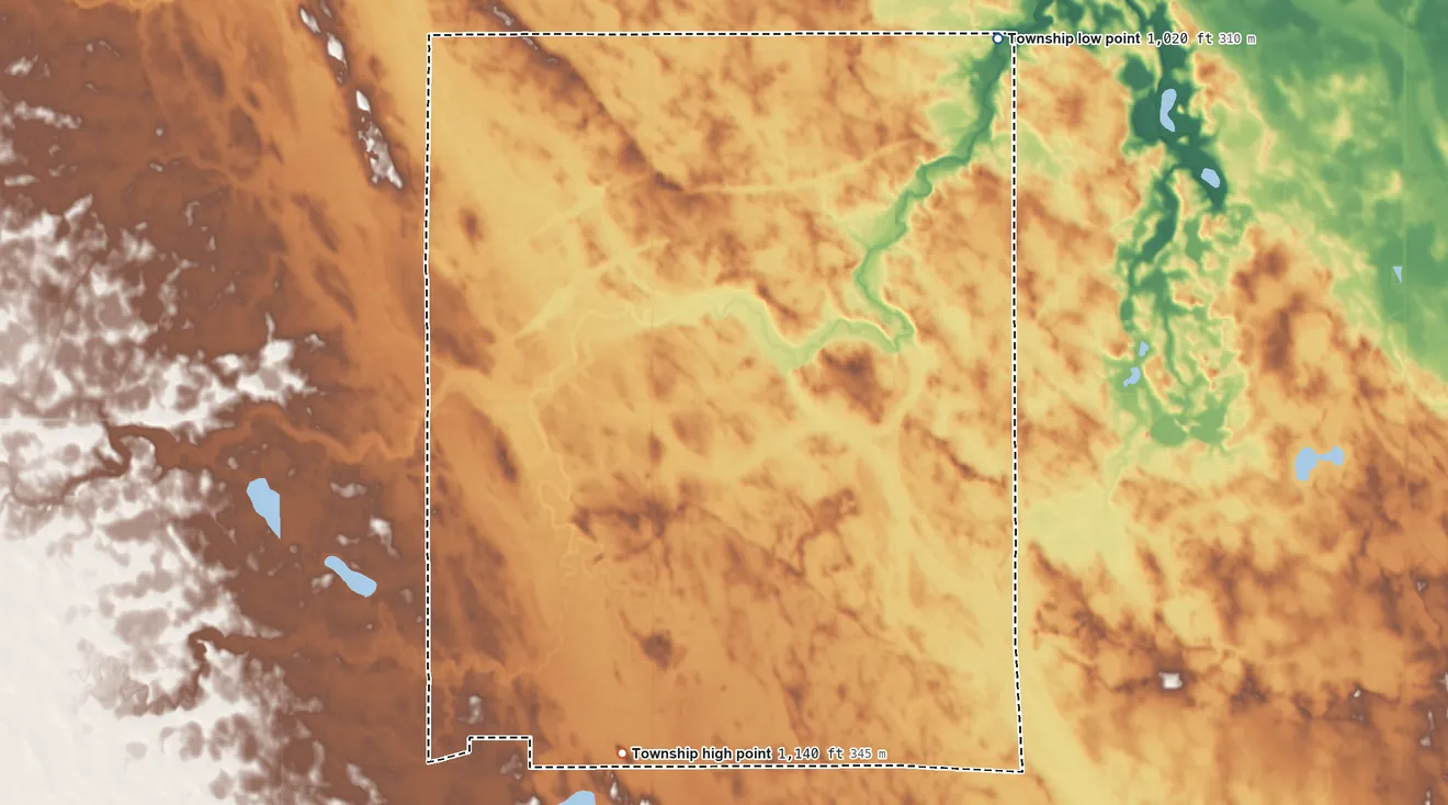Topographic elevation map of Walter Township, Minnesota, shaded from 1,020 ft on the northeast side to 1,140 ft on the south side