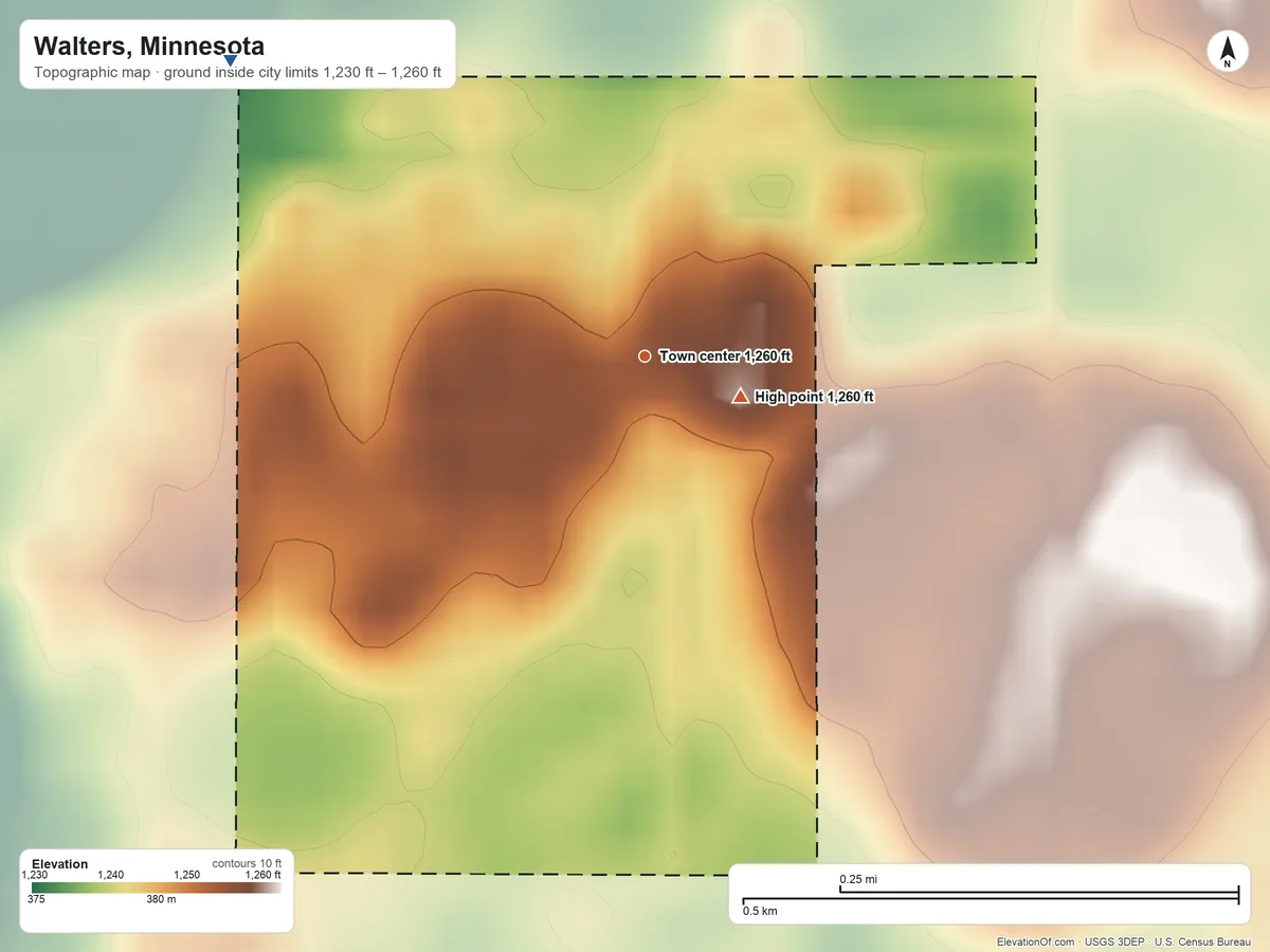 Topographic elevation map of Walters, Minnesota, shaded from 1,230 ft on the northwest side to 1,260 ft near the middle