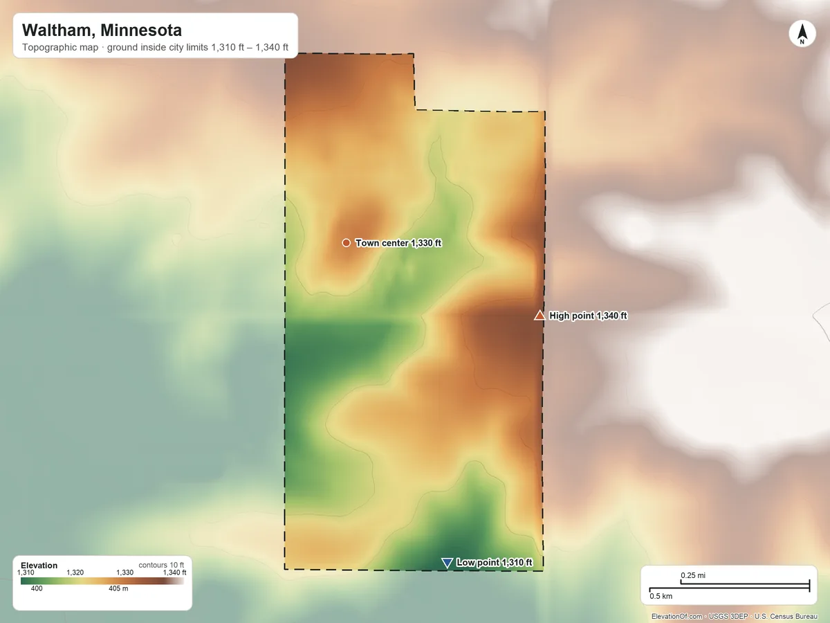Topographic elevation map of Waltham, Minnesota, shaded from 1,310 ft on the south side to 1,340 ft on the east side