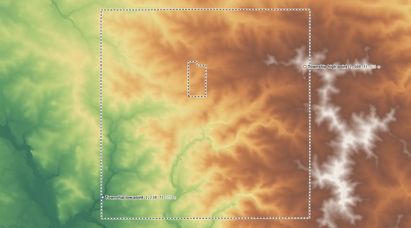 Topographic elevation map of Waltham Township, Minnesota, shaded from 1,230 ft on the southwest side to 1,400 ft on the east side