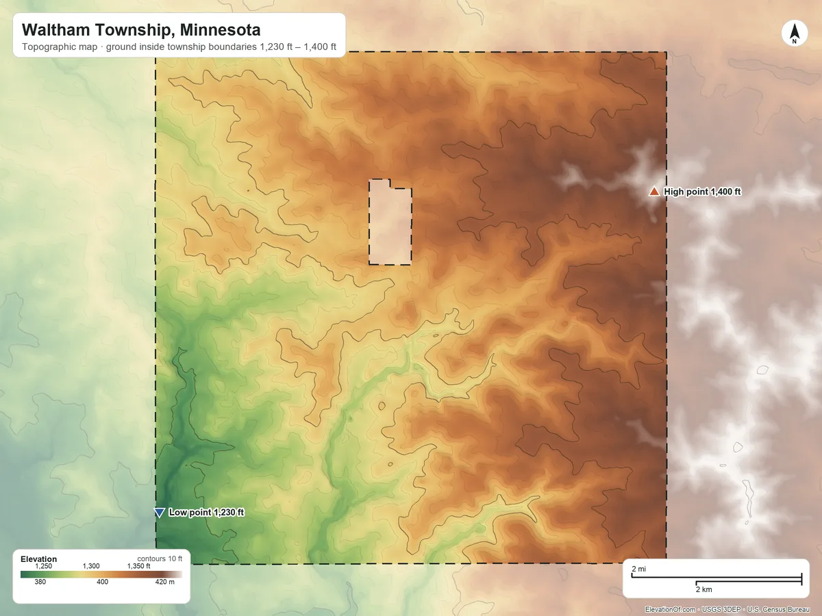 Topographic elevation map of Waltham Township, Minnesota, shaded from 1,230 ft on the southwest side to 1,400 ft on the east side