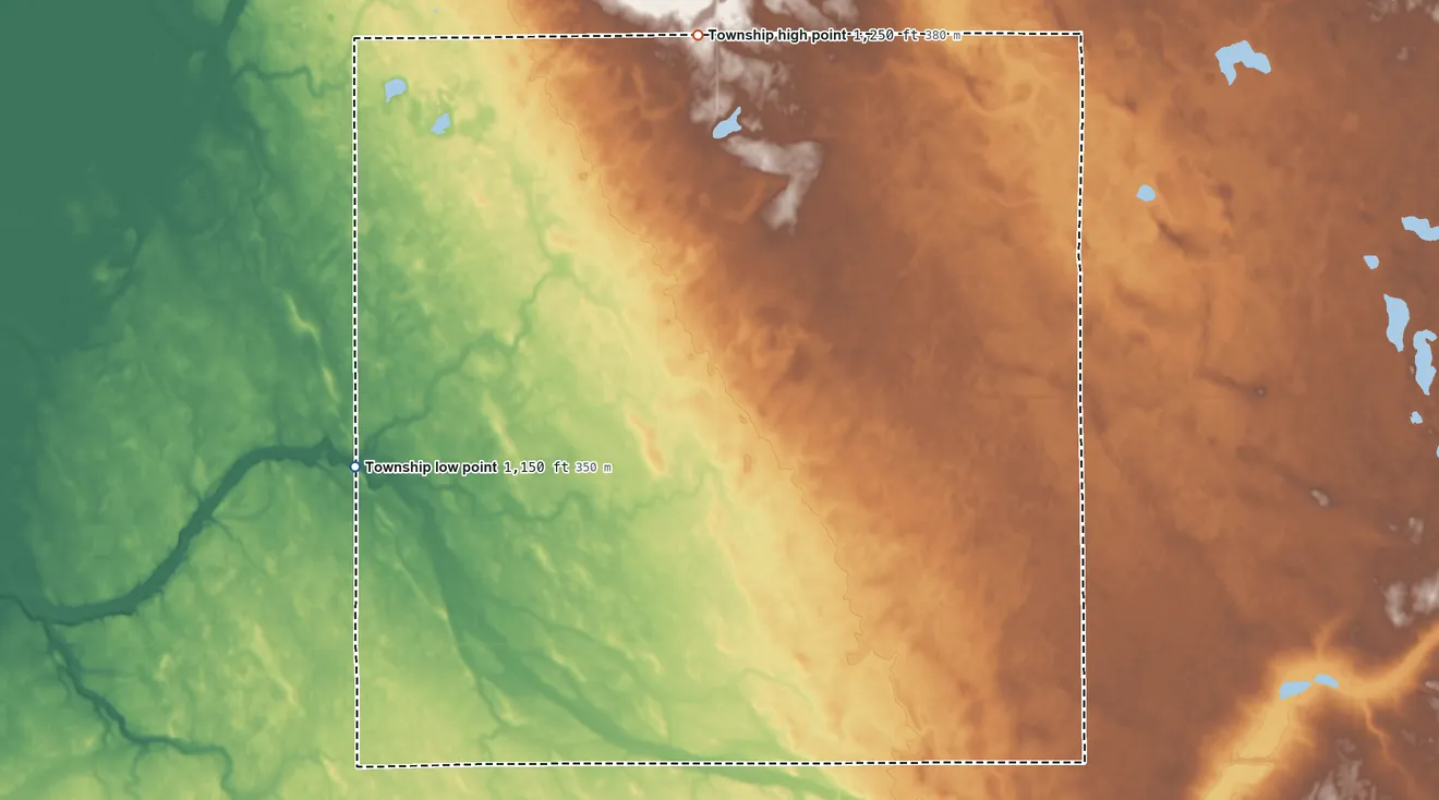Topographic elevation map of Walworth Township, Minnesota, shaded from 1,150 ft on the west side to 1,250 ft on the north side
