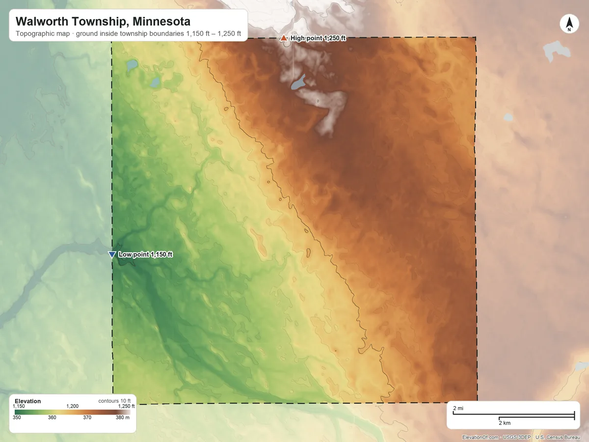 Topographic elevation map of Walworth Township, Minnesota, shaded from 1,150 ft on the west side to 1,250 ft on the north side