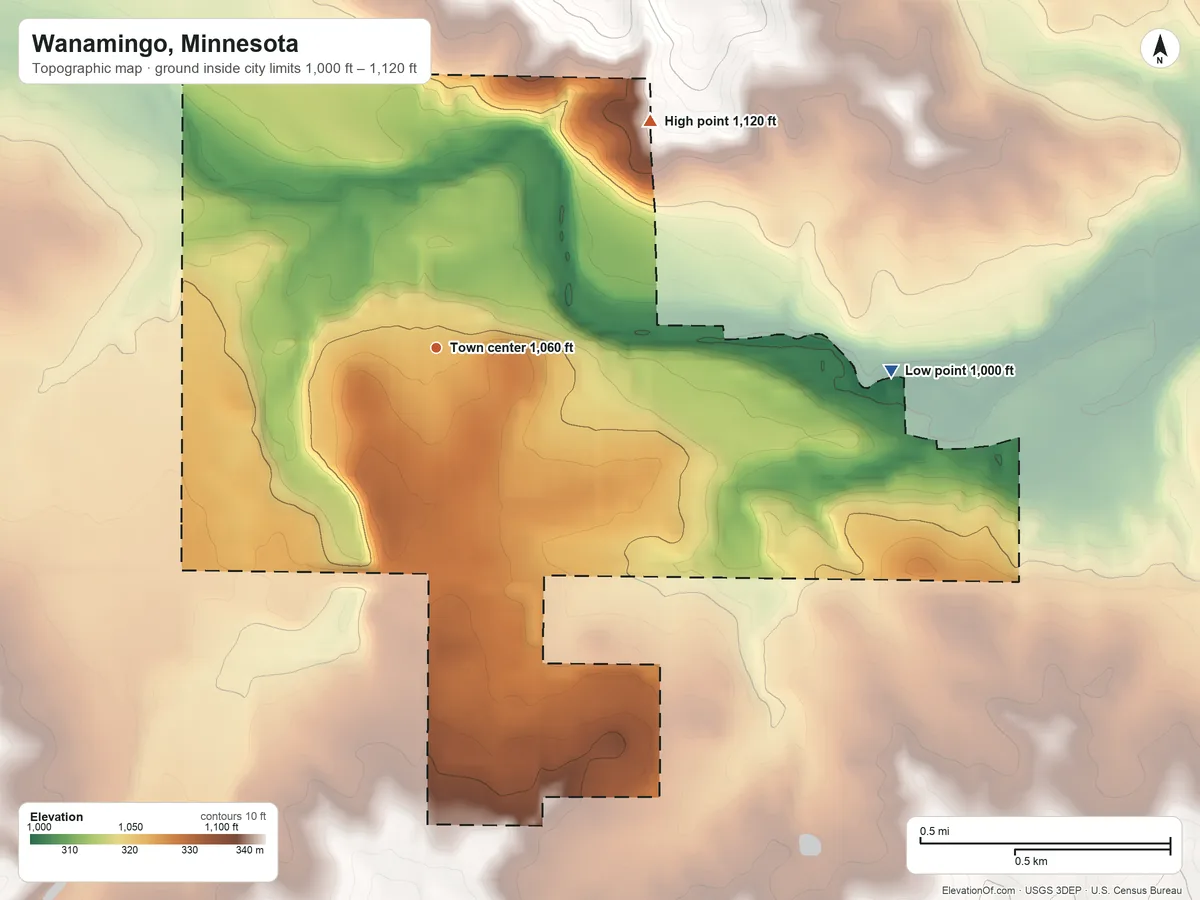 Topographic elevation map of Wanamingo, Minnesota, shaded from 1,000 ft on the east side to 1,120 ft on the northeast side