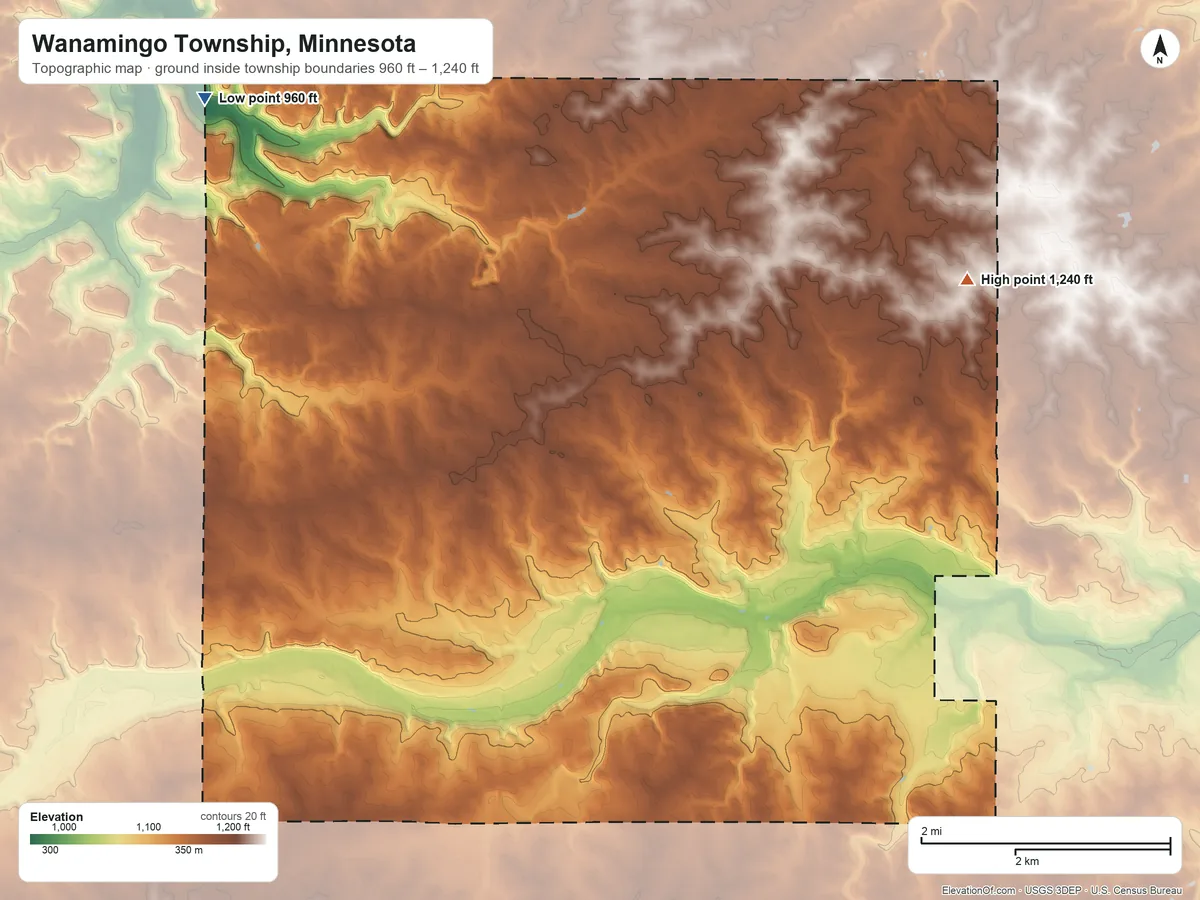 Topographic elevation map of Wanamingo Township, Minnesota, shaded from 960 ft on the northwest side to 1,240 ft on the northeast side