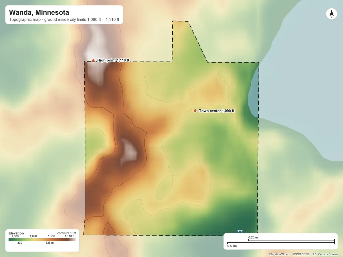 Topographic elevation map of Wanda, Minnesota, shaded from 1,080 ft on the south side to 1,110 ft on the northwest side