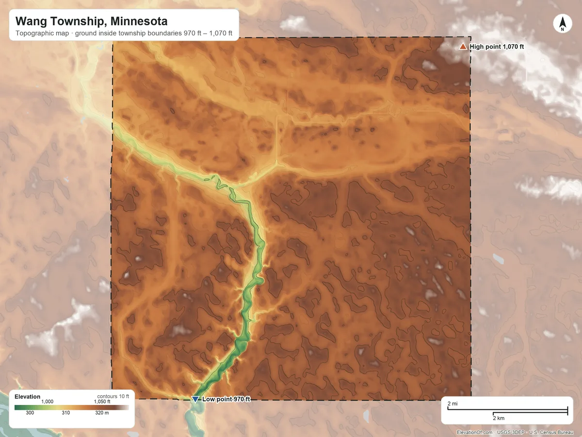 Topographic elevation map of Wang Township, Minnesota, shaded from 970 ft on the southwest side to 1,070 ft on the northeast side