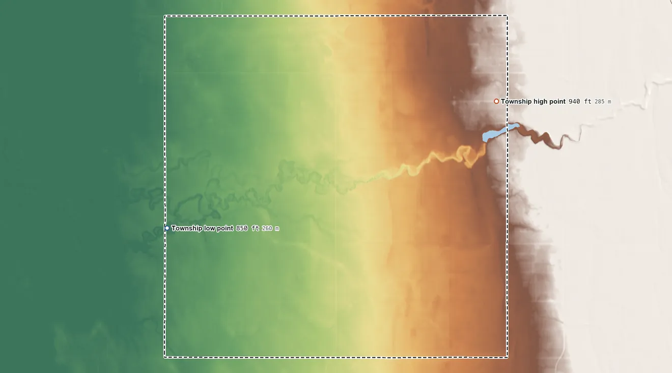 Topographic elevation map of Wanger Township, Minnesota, shaded from 850 ft on the southwest side to 940 ft on the east side