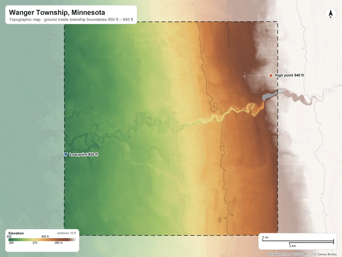 Topographic elevation map of Wanger Township, Minnesota, shaded from 850 ft on the southwest side to 940 ft on the east side