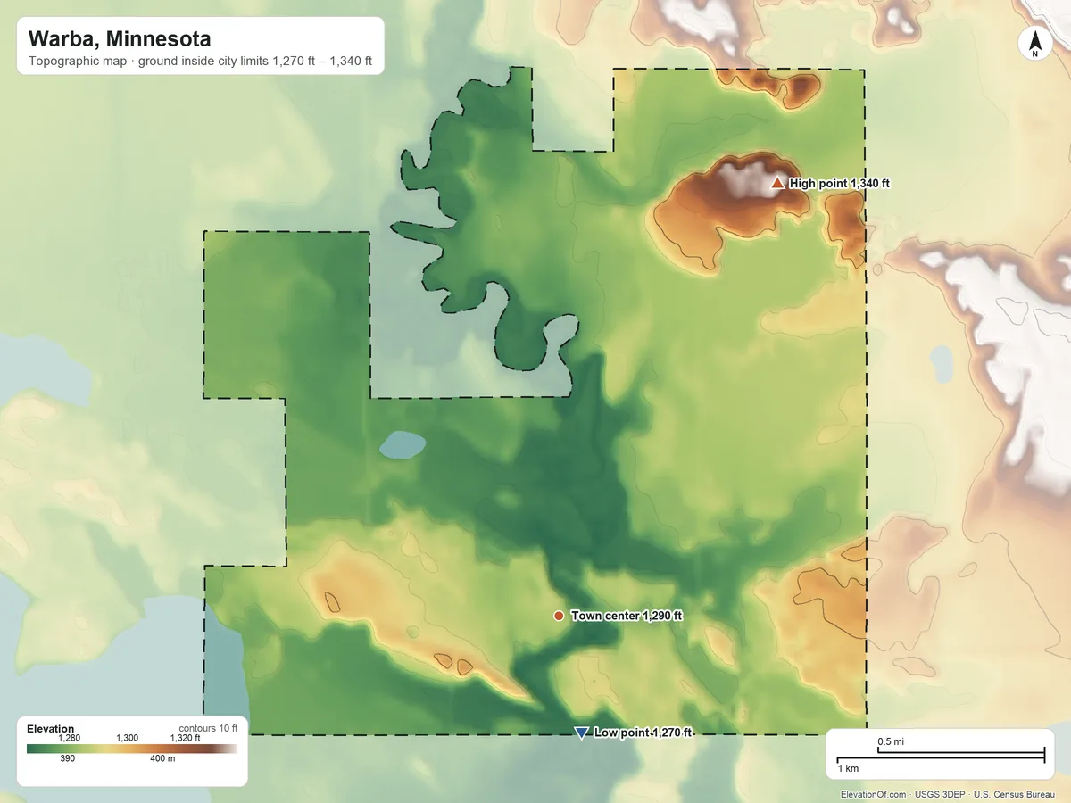 Topographic elevation map of Warba, Minnesota, shaded from 1,270 ft on the south side to 1,340 ft on the northeast side