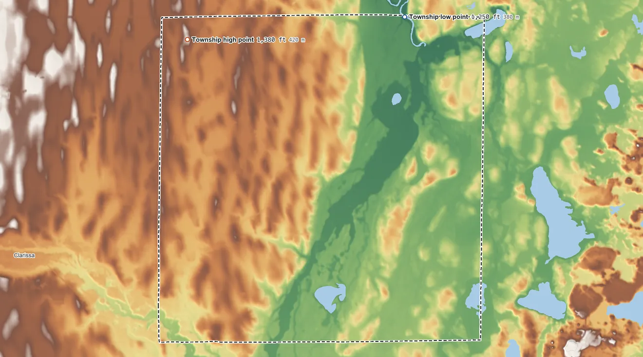 Topographic elevation map of Ward Township, Minnesota, shaded from 1,250 ft on the northeast side to 1,380 ft on the northwest side