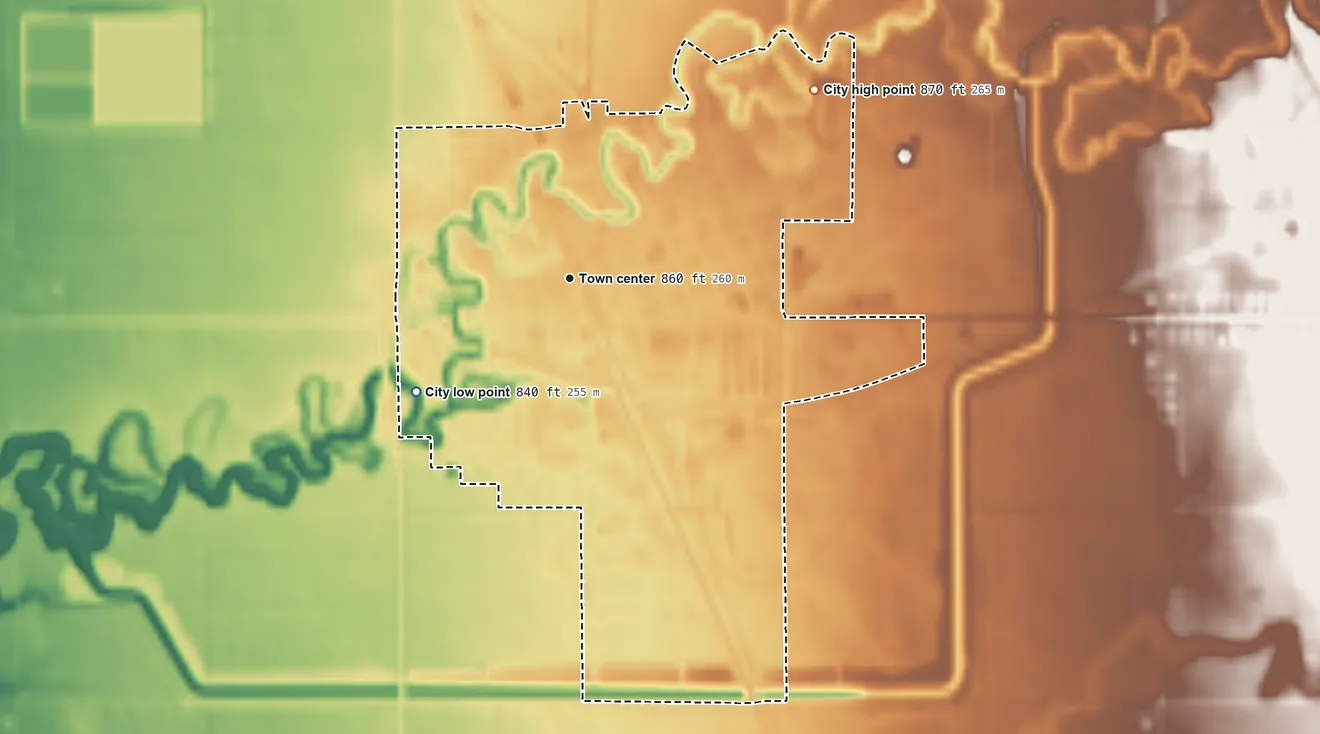 Topographic elevation map of Warren, Minnesota, shaded from 840 ft on the southwest side to 870 ft on the northeast side