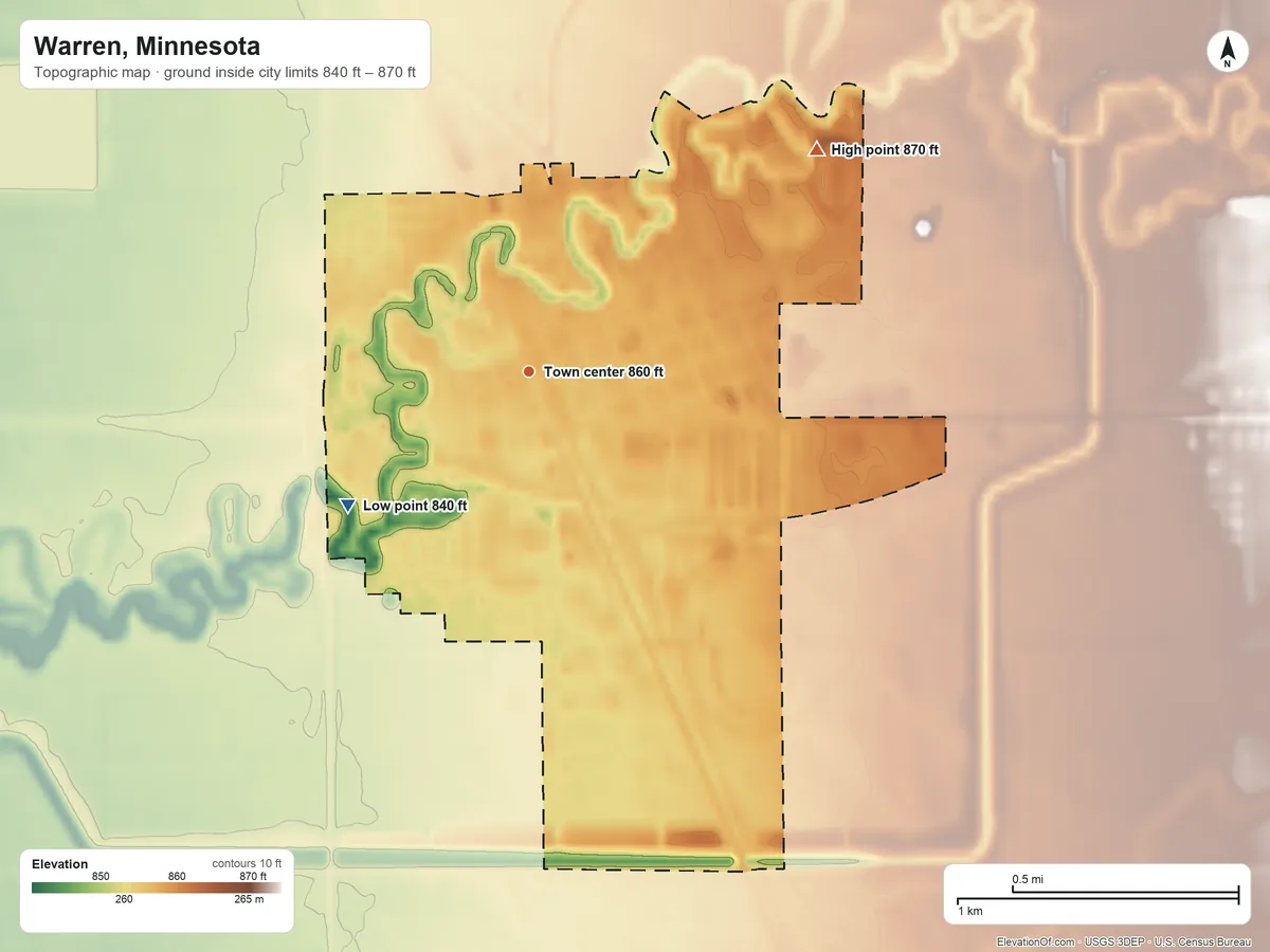 Topographic elevation map of Warren, Minnesota, shaded from 840 ft on the southwest side to 870 ft on the northeast side