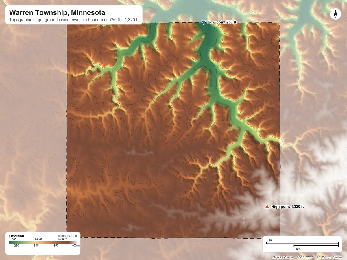 Topographic elevation map of Warren Township, Minnesota, shaded from 750 ft on the north side to 1,320 ft on the southeast side