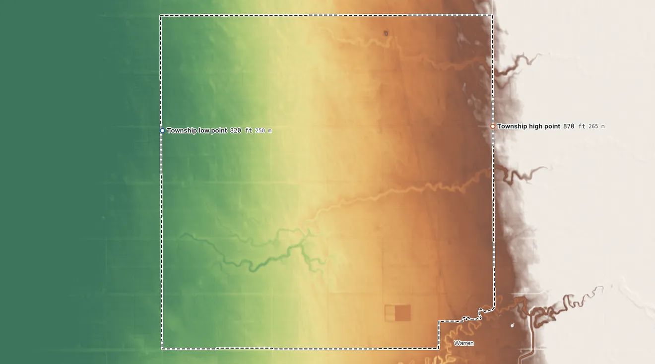 Topographic elevation map of Warrenton Township, Minnesota, shaded from 820 ft on the west side to 870 ft on the east side