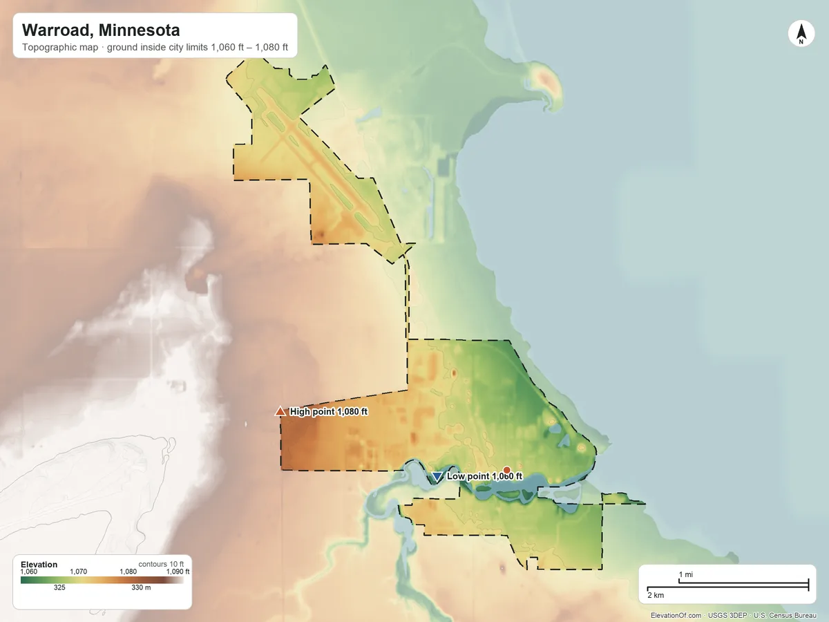 Topographic elevation map of Warroad, Minnesota, shaded from 1,060 ft on the west side to 1,080 ft on the west side