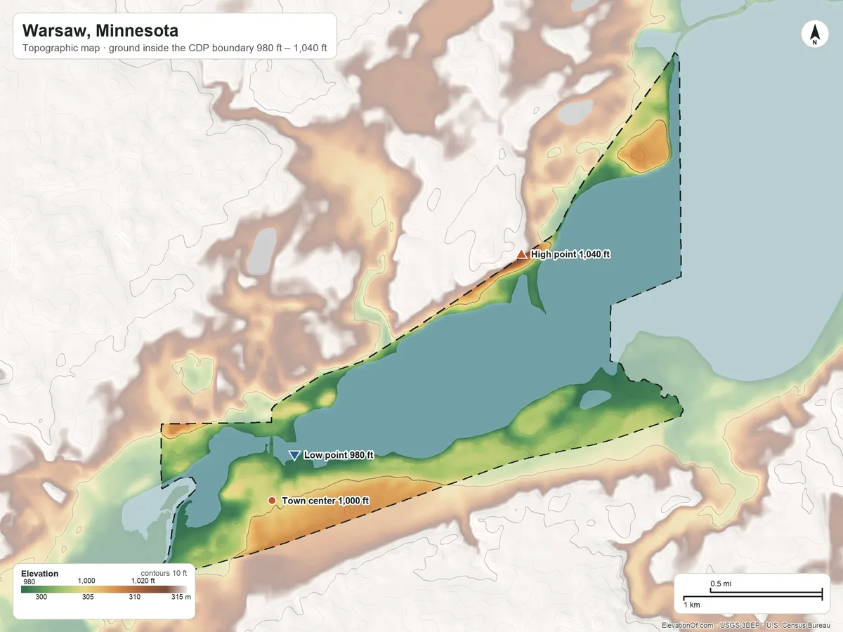 Topographic elevation map of Warsaw, Minnesota, shaded from 980 ft near the middle to 1,040 ft on the northeast side