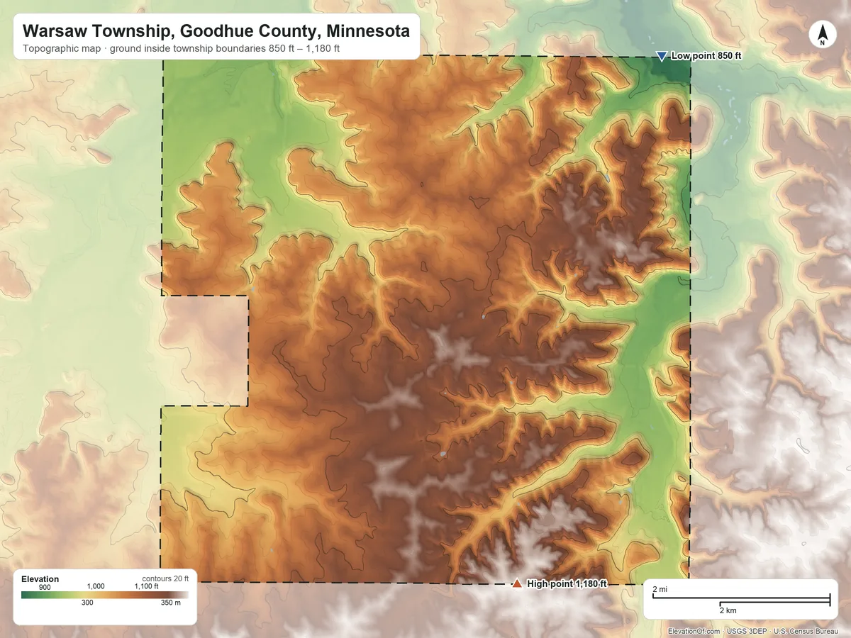 Topographic elevation map of Warsaw Township, Goodhue County, Minnesota, shaded from 850 ft on the northeast side to 1,180 ft on the south side