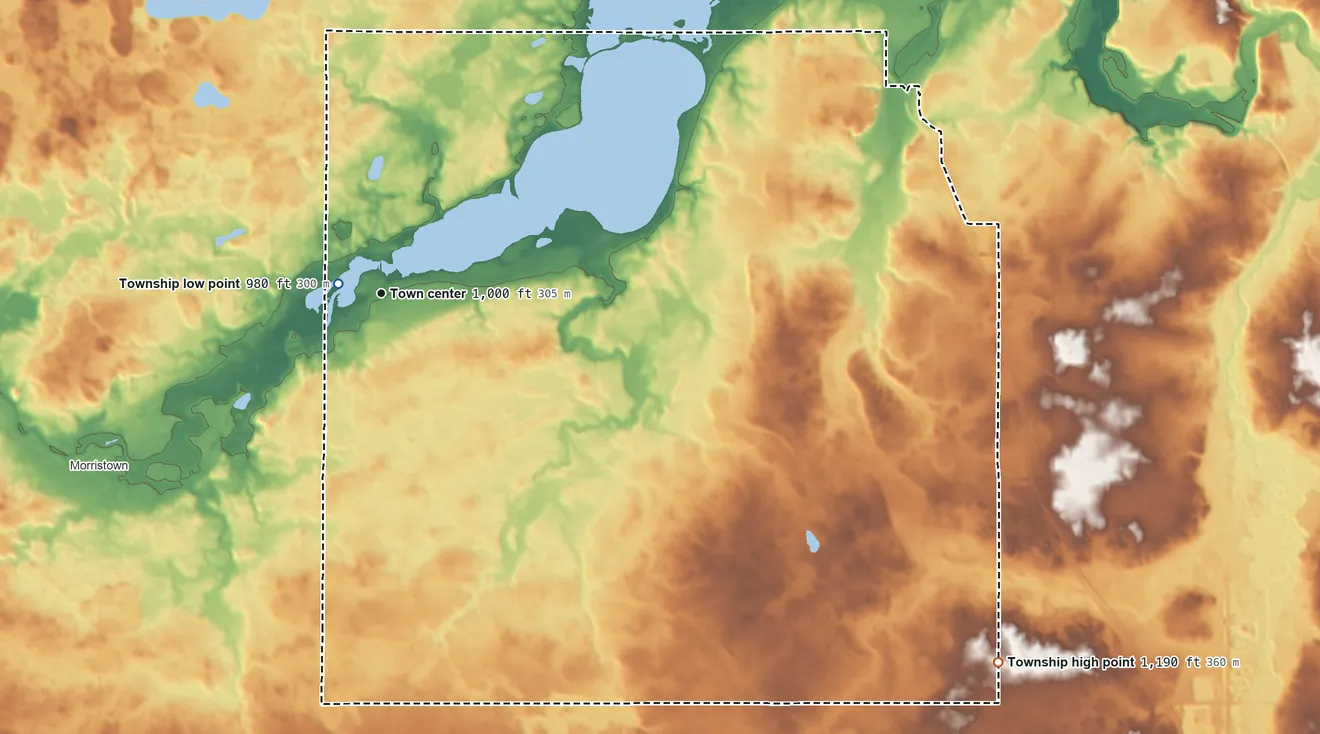 Topographic elevation map of Warsaw Township, Minnesota, shaded from 980 ft near the middle to 1,190 ft on the southeast side