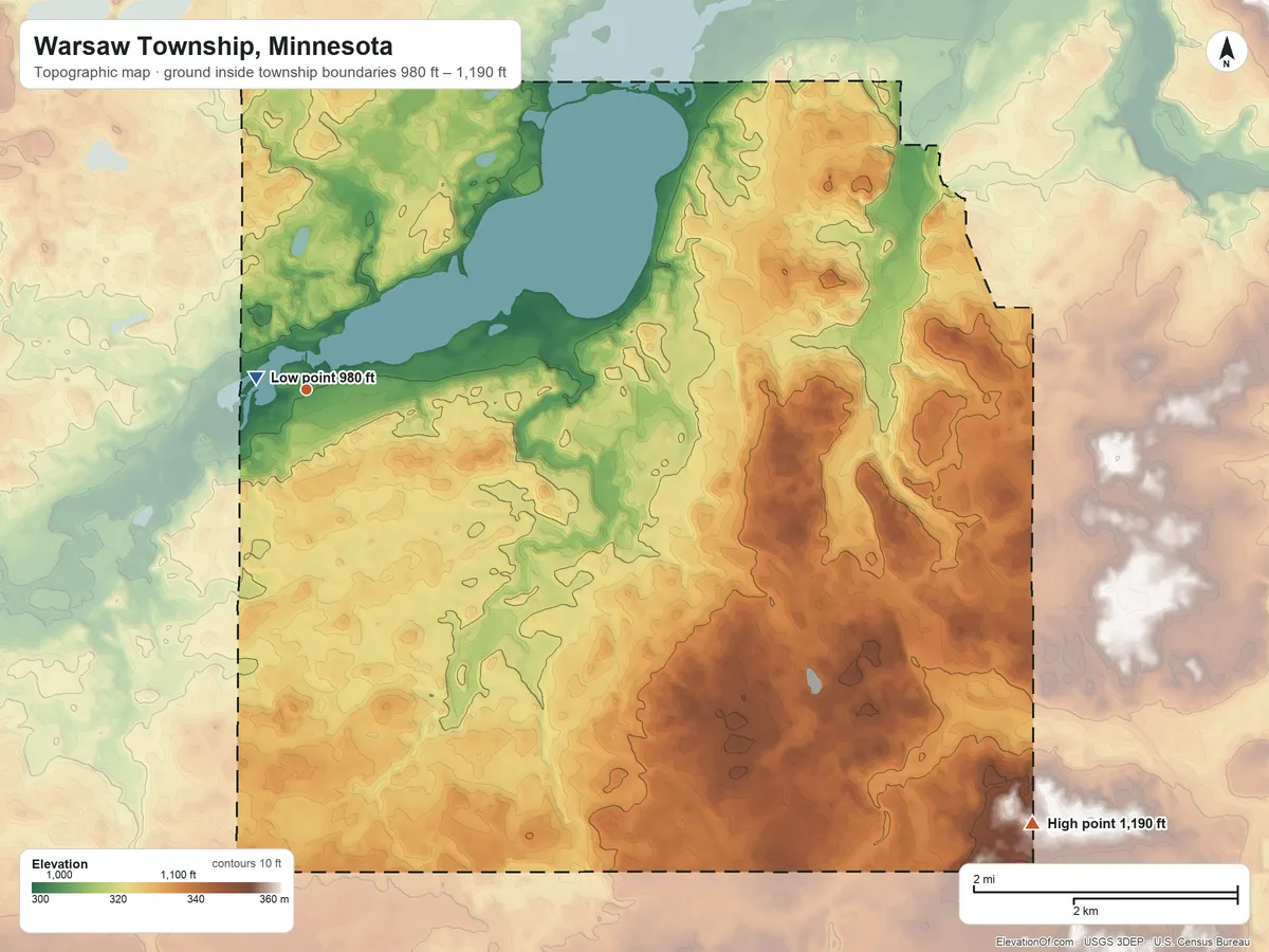 Topographic elevation map of Warsaw Township, Minnesota, shaded from 980 ft near the middle to 1,190 ft on the southeast side