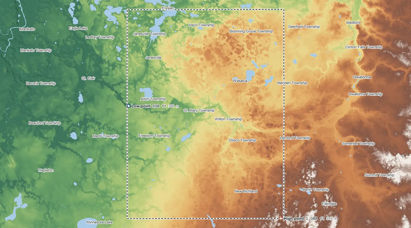 Topographic elevation map of Waseca County, Minnesota, shaded from 990 ft on the west side to 1,300 ft on the southeast side